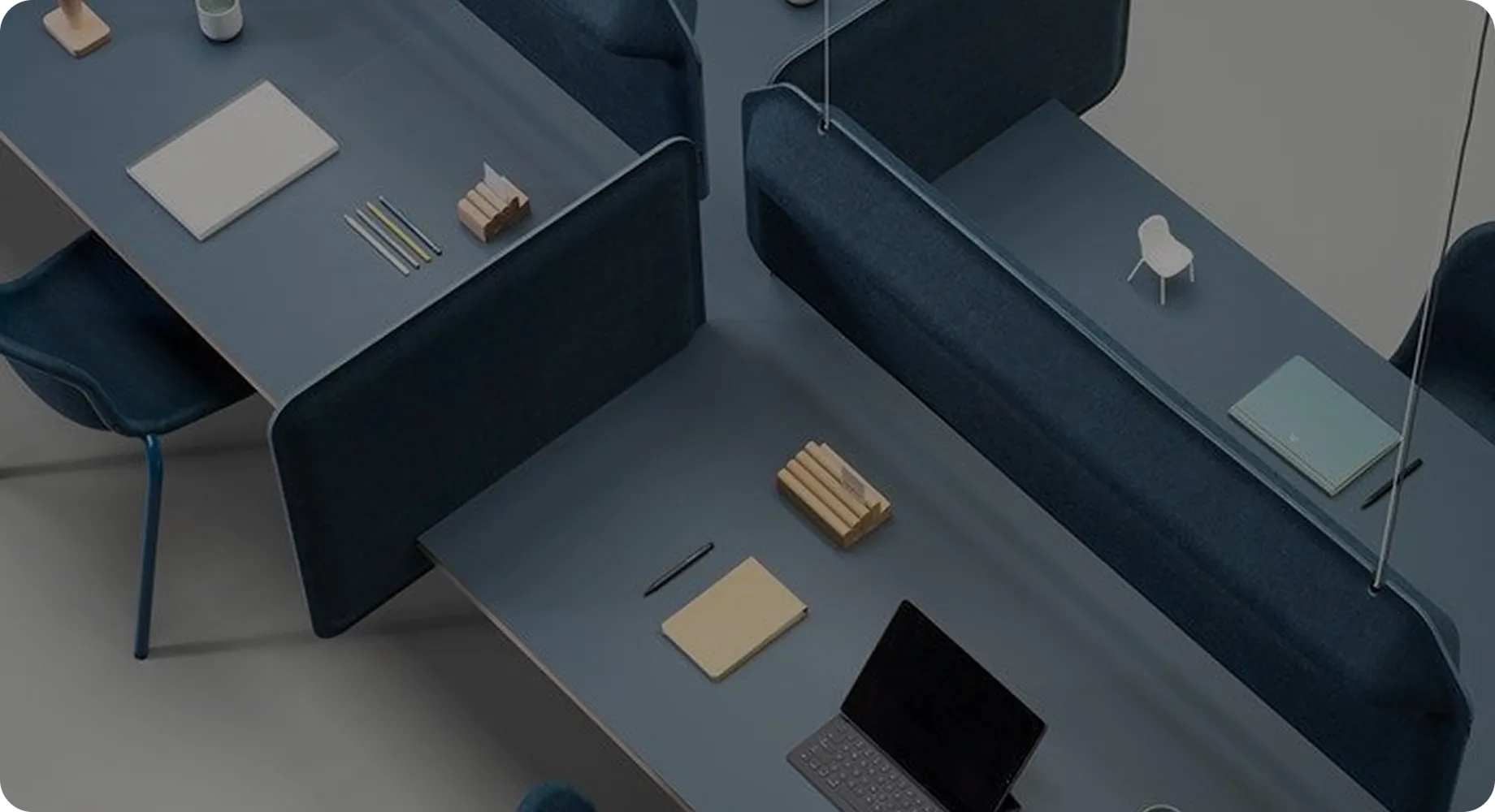 Modern workspace with blue chairs and desks